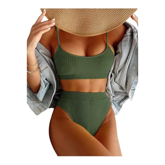 High Waisted Crop Top Ribbed Bikini Set New Army Green Size L - Picture 1 of 10